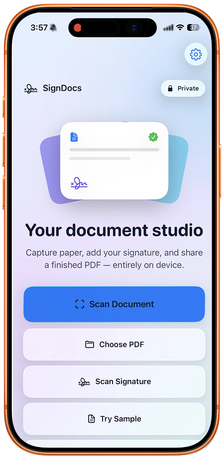 SignDocs scan editor with adjustable page corners and Scan More and Create PDF buttons.