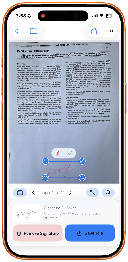 A handwritten signature placed on a PDF with resize handles, a page picker, and a Save File button.