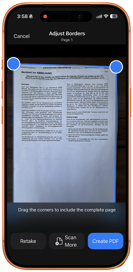 SignDocs scan editor with adjustable page corners and Scan More and Create PDF buttons.