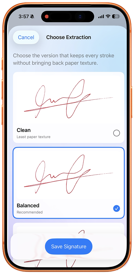 Clean and Balanced extraction previews showing a red signature with the paper background removed.