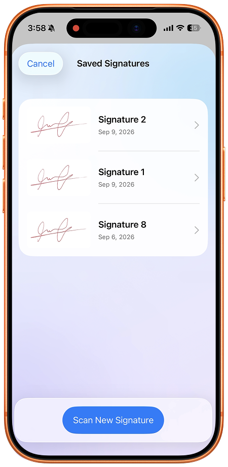 Saved Signatures showing reusable handwritten signatures stored on the device.